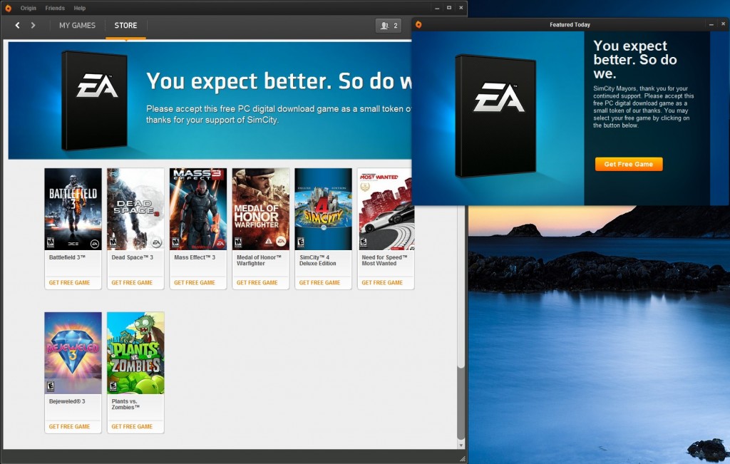 Origin users that purchased SimCity will now be prompted to select a free game upon login.